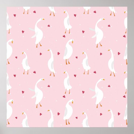 可愛いアヒルとピンクのハートのシームレスなパターン ポスター (正面)