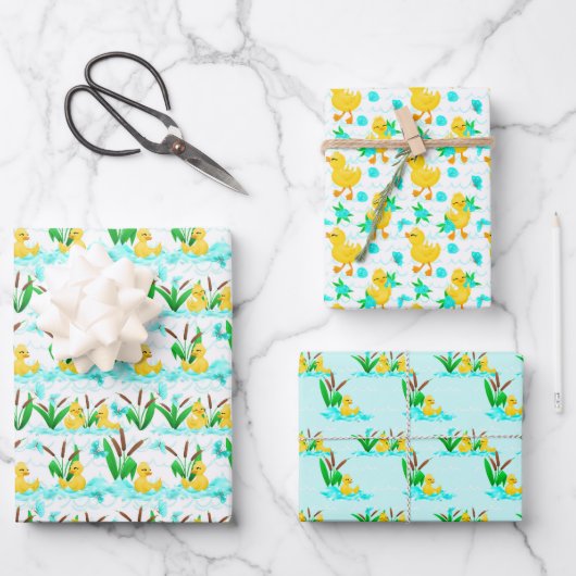 可愛いアヒルのタイル模様パーティー ラッピングペーパーシート (正面)