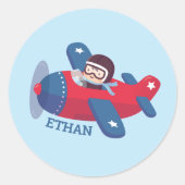 可愛いアビエーターパイロットプロペラ飛行機少年の名前 ラウンドシール (正面)