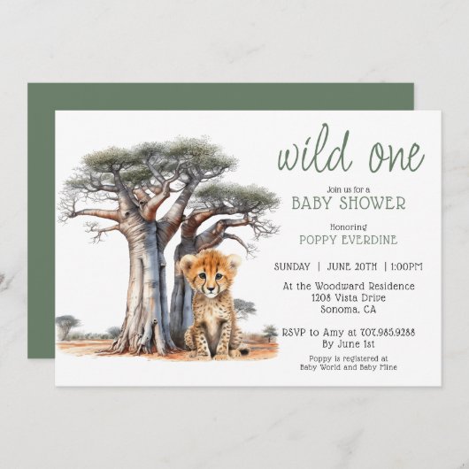 可愛いアフリカのサバンナワイルドワンボーイベビーシャワー 招待状 (正面/裏面)