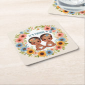 可愛いアフリカの双子の男の子赤ちゃんシャワー水色 スクエアペーパーコースター (アングル)