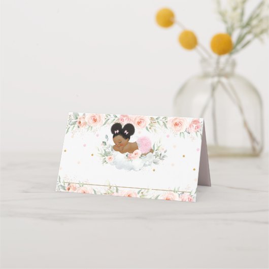 可愛いアフリカアフロープフピンクフローラシャワー誕生日 プレイスカード (正面)