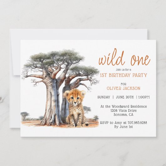 可愛いアフリカンサバンナワイルドワン1歳の誕生日 招待状 (正面)