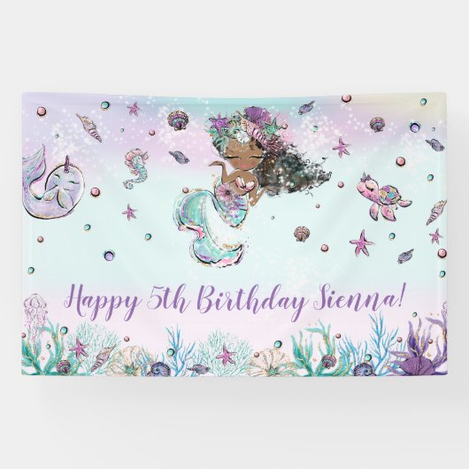 可愛いアフリカ人魚プール誕生日パーティーの背景 横断幕 (横)