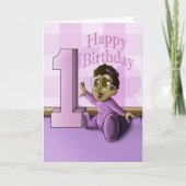 可愛いアフリカ系アメリカンガールファースト誕生日 カード (正面)