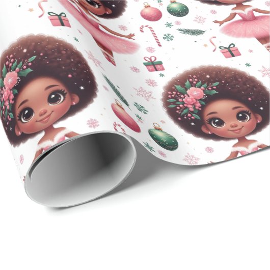 可愛いアフリカ系アメリカンピンクバレリナクリスマス ラッピングペーパー (ロールコーナー)