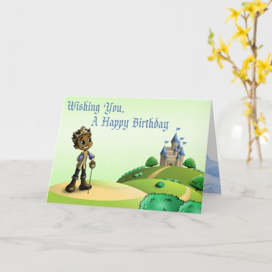 可愛いアフリカ系アメリカンプリンス誕生日 カード (黄色い花)