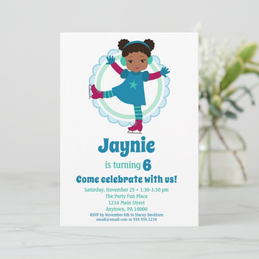 可愛いアフリカ系アメリカ人アイススケートで滑る誕生会 招待状 (スタンド正面)