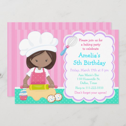 可愛いアフリカ系アメリカ人ガールベーキング誕生日パーティー 招待状 (正面/裏面)