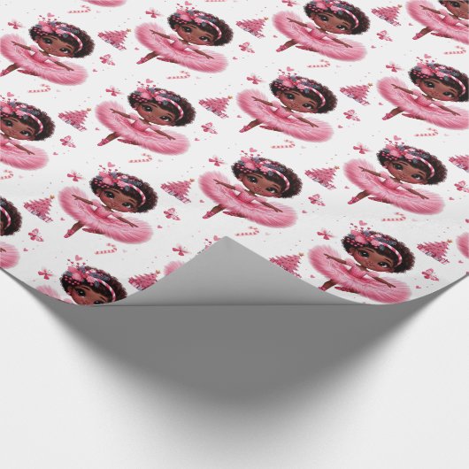 可愛いアフリカ系アメリカ人バレリーナピンククリスマス ラッピングペーパー (角)