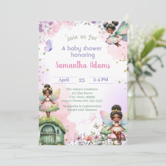 可愛いアフリカ系アメリカ人フェアリーの赤ちゃんシャワー 招待状 (スタンド正面)