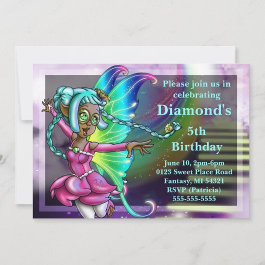 可愛いアフリカ系アメリカ人フェアリー誕生日パーティー 招待状 (正面)