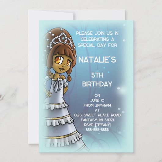 可愛いアフリカ系アメリカ人プリンセス誕生会 招待状 (正面)
