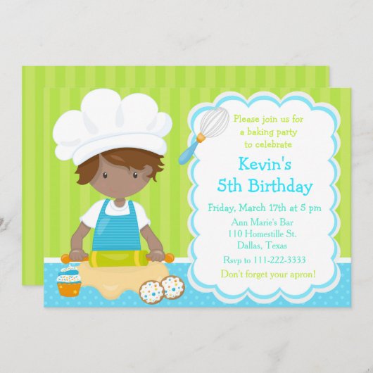 可愛いアフリカ系アメリカ人ボーイベーキング誕生日パーティー 招待状 (正面/裏面)