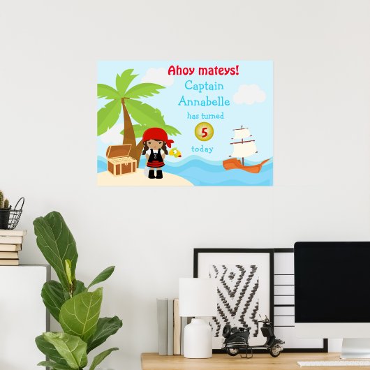 可愛いアフリカ系アメリカ人海賊少女誕生日ポスター ポスター (ホームオフィス)
