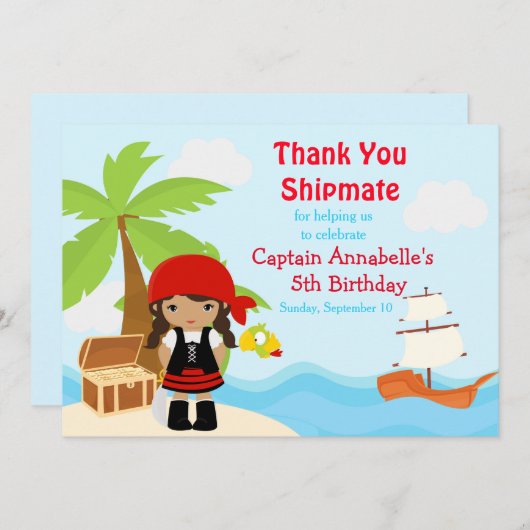 可愛いアフリカ系アメリカ人海賊少女誕生日レッド サンキューカード (正面/裏面)