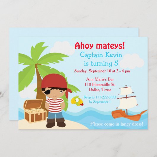 可愛いアフリカ系アメリカ人海賊少年バースデーパーティー 招待状 (正面/裏面)