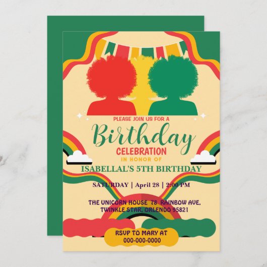 可愛いアフロ・アフリカ系アメリカ人ガールズバースデーパーティー 招待状 (正面/裏面)