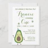 可愛いアボカドのパーソナライズされた第1バースデーホワイトBG 招待状 (正面)