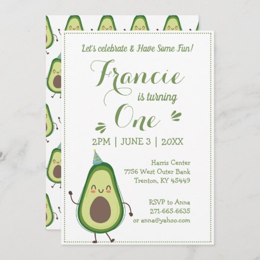 可愛いアボカドのパーソナライズされた第1バースデーホワイトBG 招待状 (正面/裏面)