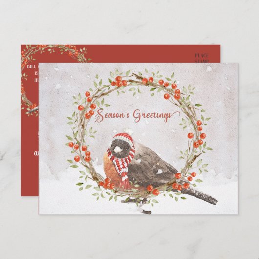 可愛いアメリカンロビンの水色クリスマスバード シーズンポストカード (正面/裏面)