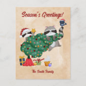 可愛いアライグマ水色クリスマス シーズンポストカード (正面)