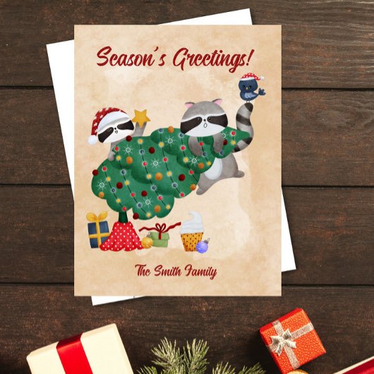可愛いアライグマ水色クリスマス シーズンポストカード