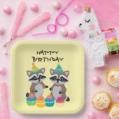可愛いアライグマ誕生日パーティー淡い黄色 ペーパープレート (パーティー)
