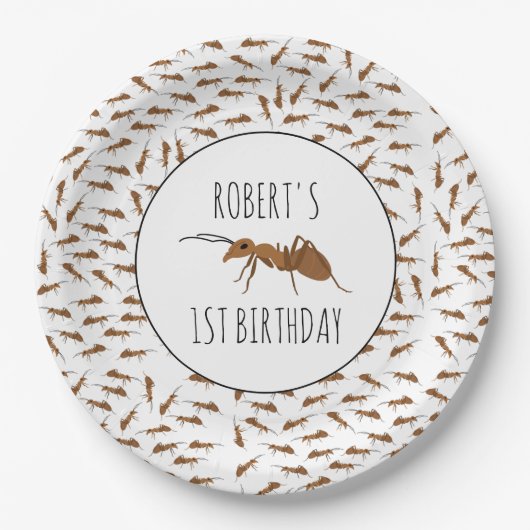 可愛いアリ柄名前をカスタムする子供の誕生日パーティー ペーパープレート (正面)