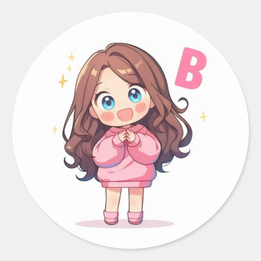 可愛いアルファベットBのかわいい女の子アニメ ラウンドシール (正面)