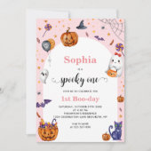 可愛いアーチピンク不気味ワンハロウィーン誕生日 招待状 (正面)