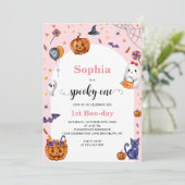 可愛いアーチピンク不気味ワンハロウィーン誕生日 招待状 (スタンド正面)