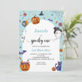 可愛いアーチブルー不気味ワン1stハロウィーン誕生日 招待状 (スタンド正面)