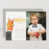 可愛いイエローワンアイモンスターキッズフォト誕生日 招待状 (正面/裏面)