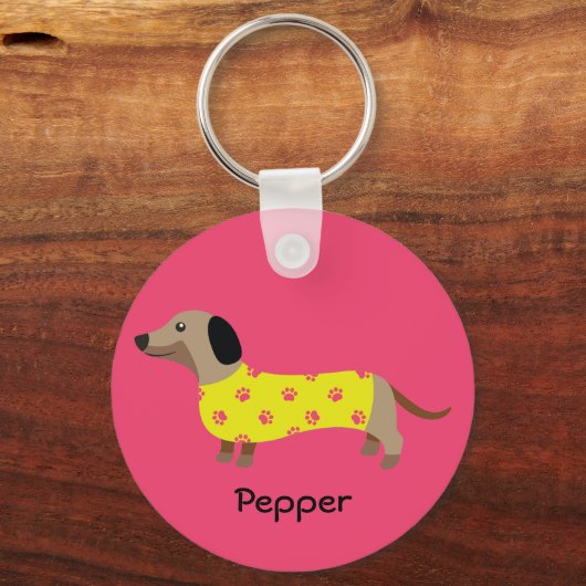 可愛いイエロー&ピンクダシュント犬おもしろい名 キーホルダー (正面)