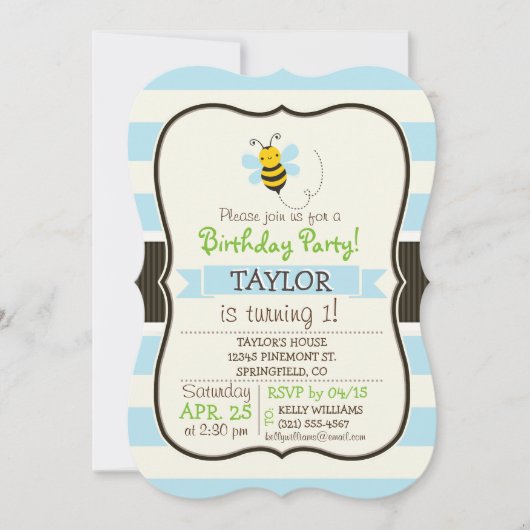 可愛いイエロー&ブラックビーオンベビーブルーストライプズ 招待状 (正面)