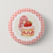可愛いイチゴのギンガム水彩ガール 1歳の誕生日 缶バッジ (正面)