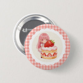 可愛いイチゴのギンガム水彩ガール 1歳の誕生日 缶バッジ