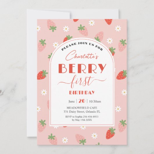 可愛いイチゴのベリーの最初の誕生日 招待状 (正面)