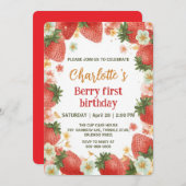 可愛いイチゴのレインボーパターン1歳の誕生日 招待状 (正面/裏面)