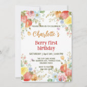 可愛いイチゴのレインボーパターン1歳の誕生日 招待状 (正面)