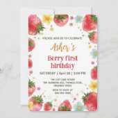可愛いイチゴのレインボーパターン1歳の誕生日 招待状 (正面)