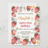 可愛いイチゴのレインボーパターン1歳の誕生日 招待状 (正面)