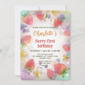 可愛いイチゴのレインボーパターン1歳の誕生日 招待状 (正面)