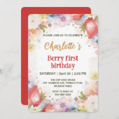 可愛いイチゴのレインボーパターン1歳の誕生日 招待状 (正面/裏面)