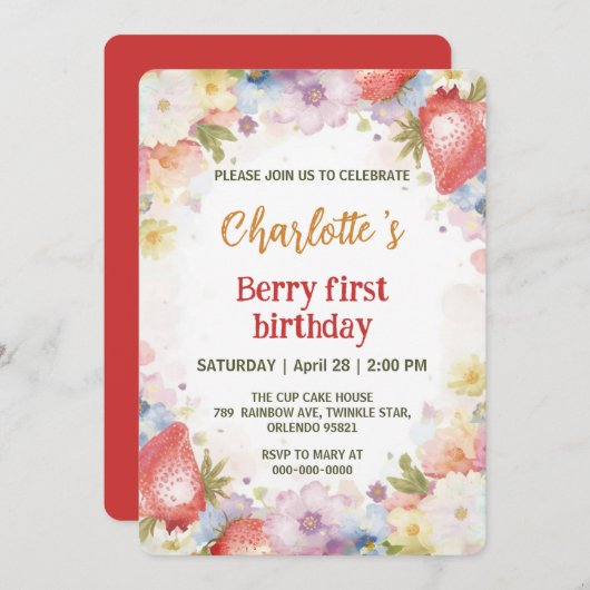 可愛いイチゴのレインボーパターン1歳の誕生日 招待状 (正面/裏面)