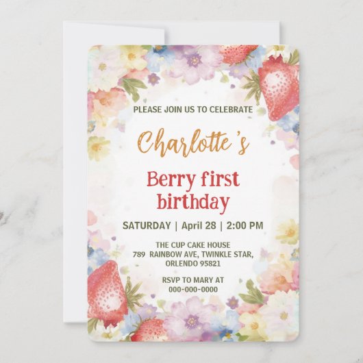 可愛いイチゴのレインボーパターン1歳の誕生日 招待状 (正面)
