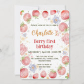 可愛いイチゴのレインボーパターン1歳の誕生日 招待状 (正面)