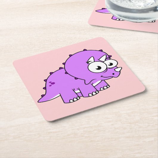 可愛いイラストレーションのトリケラトプス。 スクエアペーパーコースター (アングル)