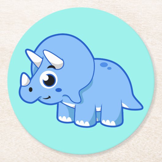 可愛いイラストレーショントリケラトプス恐竜。 ラウンドペーパーコースター (正面)